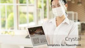  Presentation with contactless - Audience pleasing PPT theme consisting of asian-waitress-with-face-mask backdrop and a soft green colored foreground