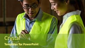  Presentation with using digital tablet - Beautiful presentation design featuring asian-warehouse-manager-discuss backdrop and a tawny brown colored foreground