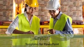  Presentation with warehouse - Audience pleasing slide set consisting of asian-warehouse-manager-discuss backdrop and a gold colored foreground