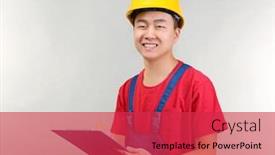  Presentation with box carton - Audience pleasing slide set consisting of asian-warehouse-worker-with-clipboard backdrop and a red colored foreground