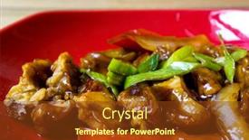  Presentation with hot sauce - Presentation design consisting of asian wok - grilled meat ribs on the plate with hot sauce background and a tawny brown colored foreground