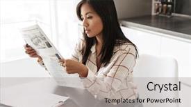  Presentation with reading table - Colorful presentation theme enhanced with asian woman 20s reading newspaper backdrop and a light gray colored foreground