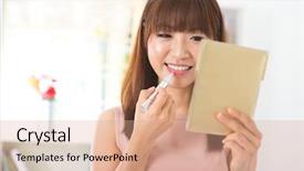  Presentation with cosmetic - Cool new slide deck with asian woman applying cosmetic with applicator make-up treatment in her bedroom backdrop and a coral colored foreground