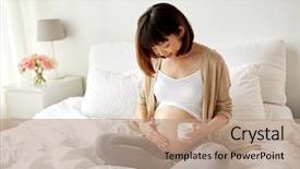  Presentation with maternity - Presentation theme having asian woman applying stretch mark background and a coral colored foreground