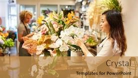  Presentation with flower woman - PPT layouts with asian-woman-as-florist-decorates background and a gold colored foreground