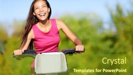  Presentation with joy - Beautiful presentation design featuring asian woman biking in city park on bicycle happy girl on bike cycling outdoors in summer smiling of joy during outdoor activity backdrop and a gold colored foreground