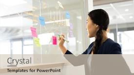  Presentation with corporation - Presentation theme enhanced with asian-woman-brainstorming-and-writing background and a soft green colored foreground