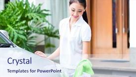  Presentation with car wash - PPT theme enhanced with asian woman cleaning headlamp at car wash background and a sky blue colored foreground