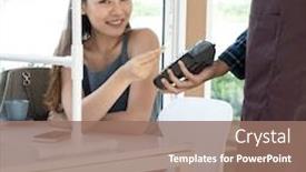  Presentation with online payment - Presentation design featuring asian-woman-customer-hold-contactless background and a coral colored foreground