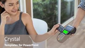  Presentation with online payment - PPT theme enhanced with asian-woman-customer-hold-contactless background and a coral colored foreground