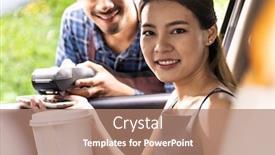  Presentation with food service - Cool new slide set with asian-woman-customer-make-mobile backdrop and a coral colored foreground