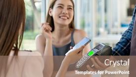  Presentation with contactless - Cool new slide deck with asian-woman-customer-moblie-phone backdrop and a coral colored foreground