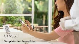  Presentation with contactless - Presentation theme enhanced with asian-woman-customer-use-mobile background and a coral colored foreground