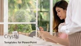  Presentation with mobile use - PPT theme consisting of asian-woman-customer-use-mobile background and a coral colored foreground