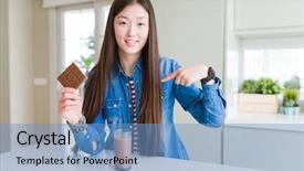  Presentation with chocolate - Slide deck with asian woman drinking chocolate milkshake background and a teal colored foreground