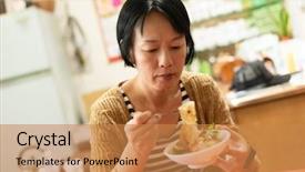  Presentation with eat - Colorful PPT theme enhanced with asian woman eat taiwanese meatballs backdrop and a coral colored foreground