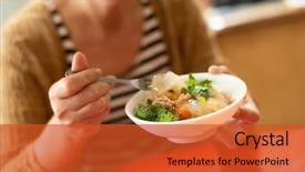  Presentation with eat - Colorful presentation theme enhanced with asian woman eat taiwanese meatballs backdrop and a red colored foreground