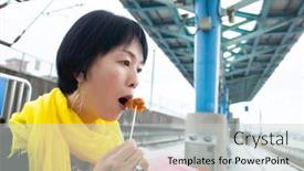  Presentation with sweet potato - Cool new PPT theme with asian-woman-eat-taiwanese-sweet backdrop and a light gray colored foreground