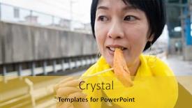  Presentation with sweet potato - Cool new slide set with asian-woman-eat-taiwanese-sweet backdrop and a yellow colored foreground