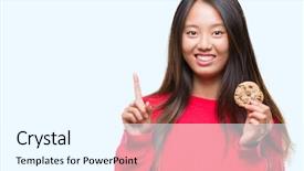  Presentation with chocolate chip cookie - Slide deck having asian woman eating chocolate chip background and a  colored foreground