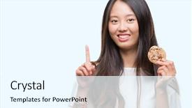  Presentation with chocolate chip cookie - Slide deck with asian woman eating chocolate chip background and a  colored foreground