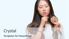  Presentation with chocolate chip cookie - Audience pleasing theme consisting of asian woman eating chocolate chip backdrop and a cool aqua colored foreground