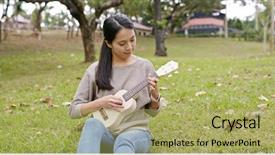  Presentation with ukulele - Colorful slide deck enhanced with asian woman enjoy play ukulele backdrop and a  colored foreground