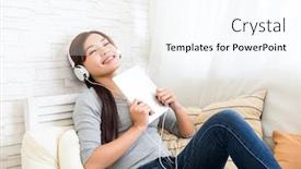  Presentation with asian music - Audience pleasing slide deck consisting of asian woman enjoy the music on tablet pc backdrop and a cool aqua colored foreground