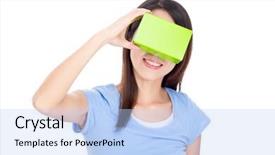  Presentation with experience - Slides with asian woman experience though virtual reality device background and a light blue colored foreground