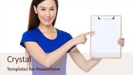  Presentation with finger point - Audience pleasing PPT layouts consisting of asian woman finger point to clipboard backdrop and a lemonade colored foreground