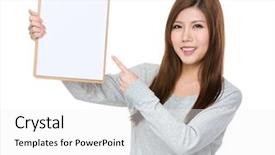  Presentation with finger point - Slide deck having asian woman finger point to clipboard background and a white colored foreground