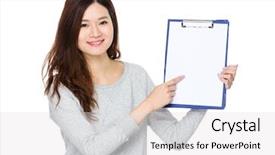  Presentation with finger point - PPT theme consisting of asian woman finger point to clipboard background and a light gray colored foreground