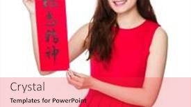  Presentation with blessing - Colorful PPT theme enhanced with asian woman hold with china fai chun phrase meaning is blessing for good health backdrop and a red colored foreground