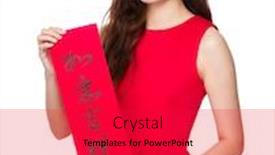  Presentation with everything - Audience pleasing PPT theme consisting of asian woman hold with china fai chun phrase meaning is everything goes smooth and good luck backdrop and a red colored foreground