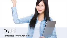  Presentation with hold hand - Audience pleasing theme consisting of asian woman hold with laptop and open hand palm backdrop and a light blue colored foreground
