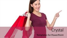  Presentation with finger point - Amazing theme having asian woman hold with shopping bag and finger point up backdrop and a violet colored foreground