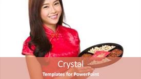  Presentation with lunar - Colorful PPT theme enhanced with asian woman hold with snack tray for lunar new year backdrop and a coral colored foreground
