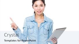  Presentation with finger point - Amazing slide set having asian woman hold with tablet and finger point up backdrop and a light blue colored foreground
