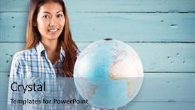  Presentation with 3d character blue globe - Beautiful slide deck featuring asian woman holding a globe backdrop and a light blue colored foreground