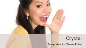  Presentation with announcement - PPT theme featuring asian woman holding hand beside her cheek and shouts an announcement isolated on white background background and a lemonade colored foreground