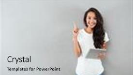  Presentation with happy smiling woman dental health - Theme with finger up at copy space background and a light gray colored foreground