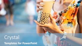  Presentation with bubble milk tea - Presentation design with asian woman holding the famous taiwanese bubble milk tea at night marketplace background and a light blue colored foreground