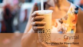  Presentation with bubble tea - Colorful PPT theme enhanced with asian-woman-holding-the-famous backdrop and a coral colored foreground