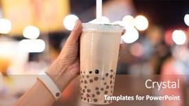  Presentation with bubble tea - PPT theme featuring asian-woman-holding-the-famous background and a coral colored foreground