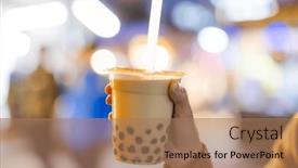  Presentation with milk tea - PPT theme enhanced with asian-woman-holding-the-famous background and a coral colored foreground