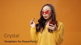  Presentation with vape - Beautiful presentation design featuring asian-woman-in-glasses backdrop and a gold colored foreground