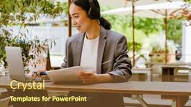  Presentation with writing notes - Theme enhanced with asian-woman-in-headphones-writing background and a tawny brown colored foreground