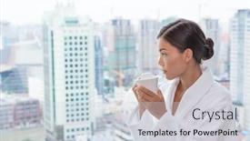  Presentation with luxury travel - Presentation theme enhanced with asian woman in pampering spa resort luxury hotel drinking tea relaxing wearing bathrobe looking at view from bedroom window asian travel lady enjoying room service background and a lemonade colored foreground