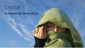  Presentation with asian - Amazing PPT theme having asian woman in yashmak over the sky background backdrop and a teal colored foreground