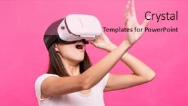  Presentation with virtual reality - Presentation design featuring mask playing cards - asian woman looking though virtual background and a coral colored foreground